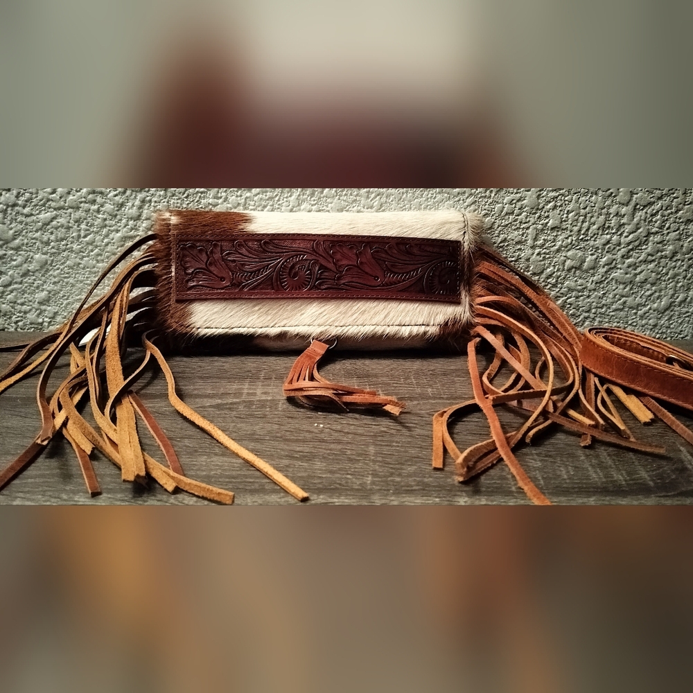 Brown and Tan Leather Clutch with Fringe